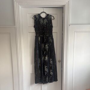 Ulla Johnson Black Floral Maxi Dress with Green and Cream Accents